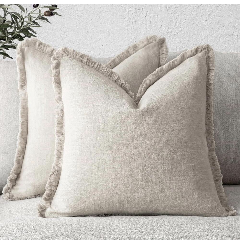 Set of 2 Linen Fringe Throw Pillow Covers 18x18 Beige Boho Farmhouse